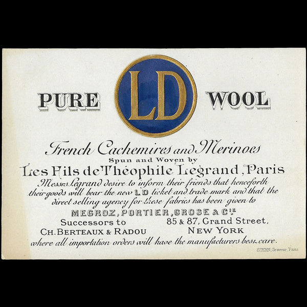 Les Fils de Théophile Legrand - Carte annonçant le label LD Pure Wool (circa 1890-1900s)