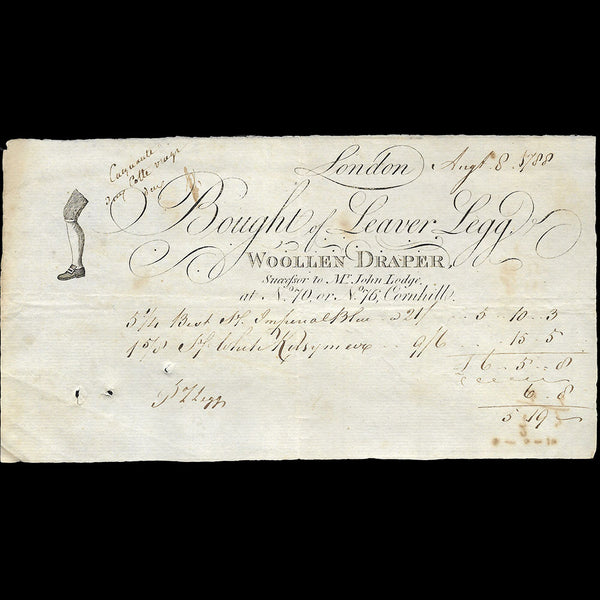 Leaver Legg, woollen drapper- Facture du drapier, 70, 76 Cornhill à Londres (1788)