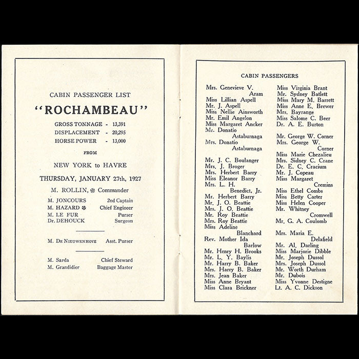 Georges Lepape - Liste des passagers du Rochambeau, paquebot de la Compagnie Générale Transatlantique (1927)