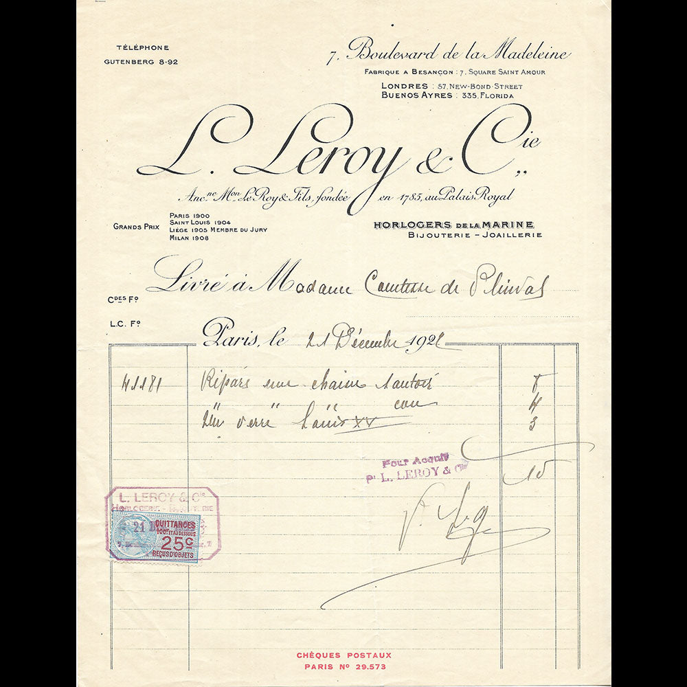 Facture de la maison L. Leroy et cie, horlogers de la marine, 7 boulevard de la Madeleine à Paris (1922)