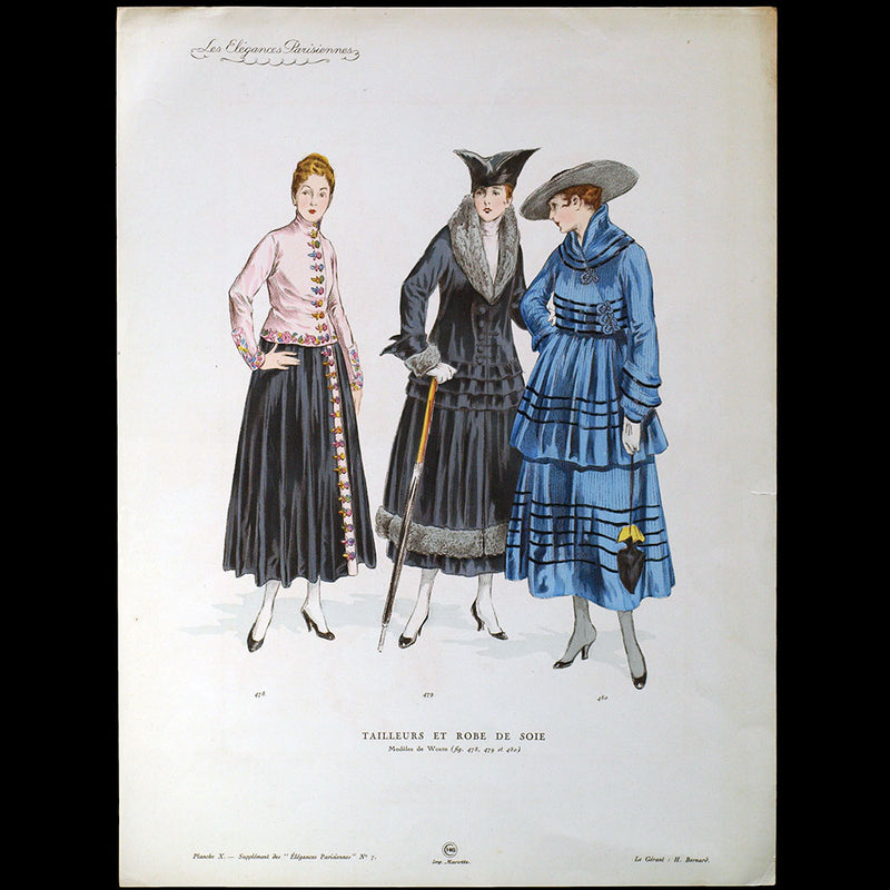 Worth - Tailleurs et Robe de soie, gravure des Elégances Parisiennes (1916)