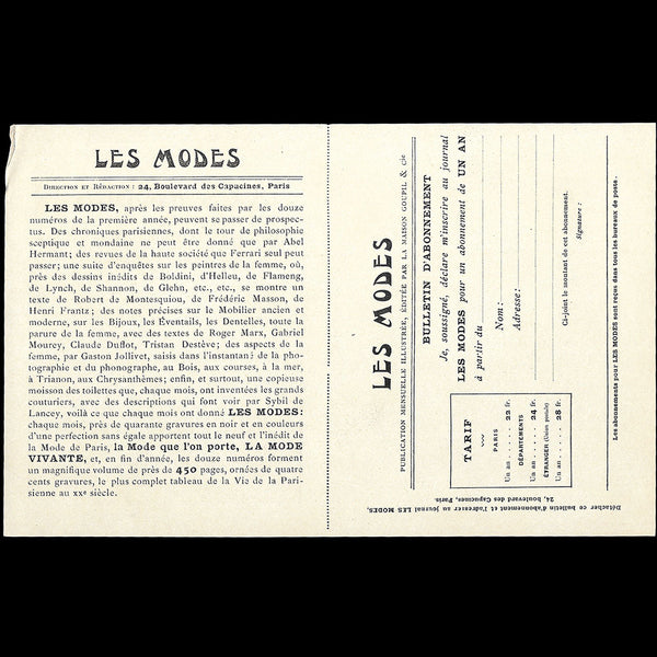 Les Modes - Document de présentation et d'abonnement (1902)