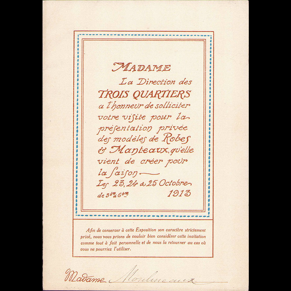 Trois Quartiers - Invitation à une présentation de modèles (1913)