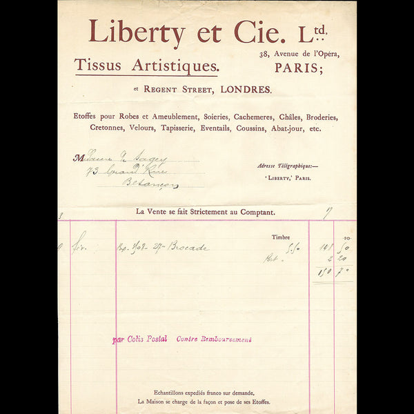 Liberty et Cie - Facture de la maison de tissus, 38 avenue de l'Opéra à Paris (1910s)