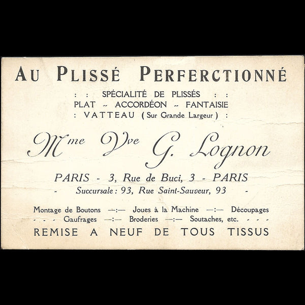 Lognon - Carte de la maison Au plissé perfectionné, 3 rue de Buci à Paris (circa 1900-1910s)