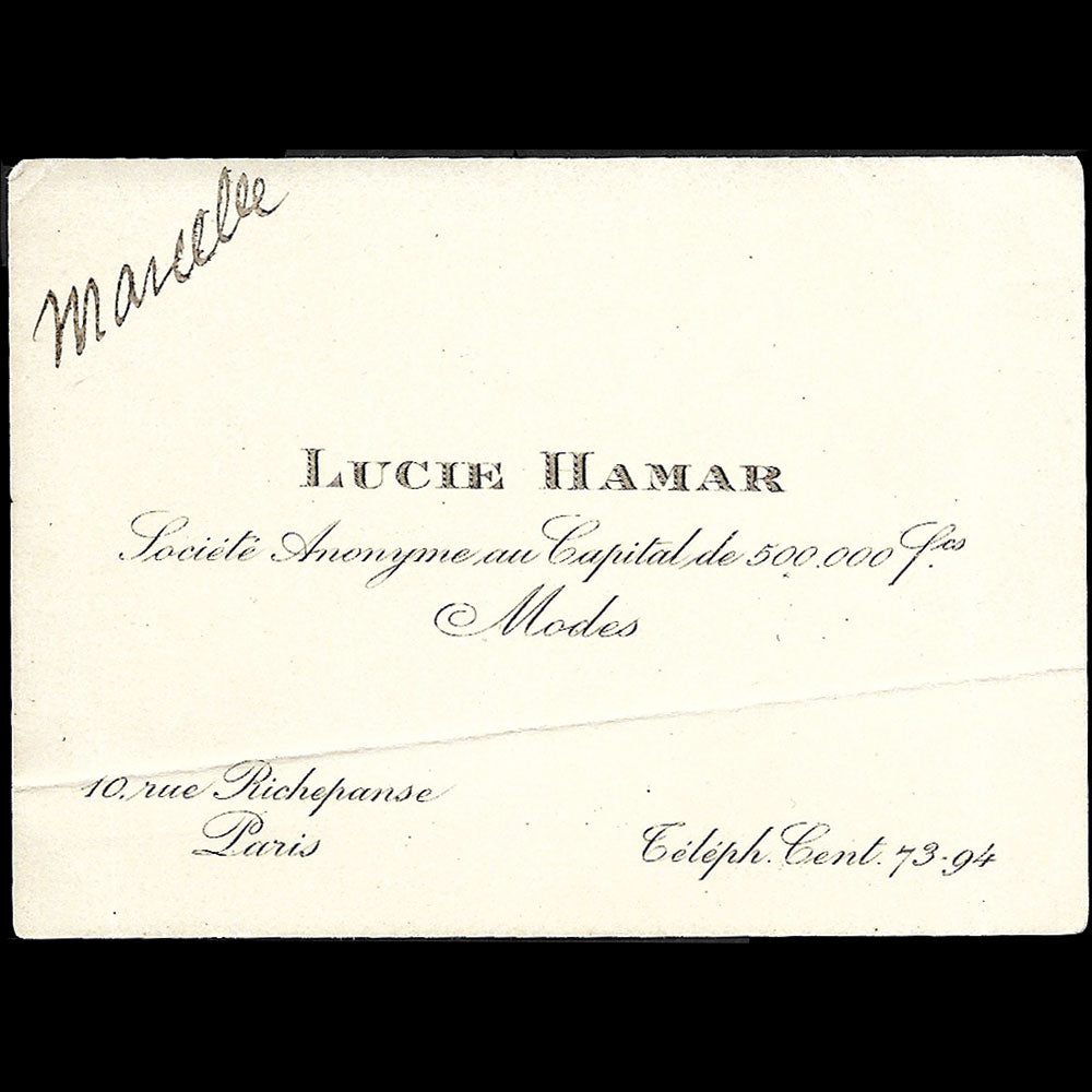 Carte de la maison de modes Lucie Hamar, 10 rue Richepanse à Paris (circa 1920)