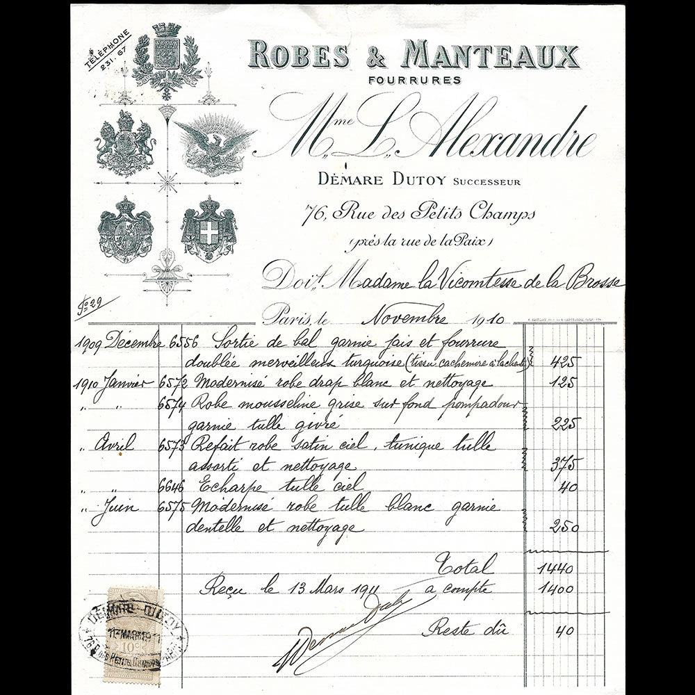 Madame L. Alexandre - Facture de la maison de couture, 76 rue des Petits-Champs à Paris (1910)