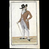 Magasin des Modes Nouvelles Françaises et Anglaises, 2ème cahier, planche 3 - Homme en habit de drap feuille mort à raies vertes (1786)