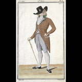 Magasin des Modes Nouvelles Françaises et Anglaises, 2ème cahier, planche 3 - Homme en habit de drap feuille mort à raies vertes (1786)