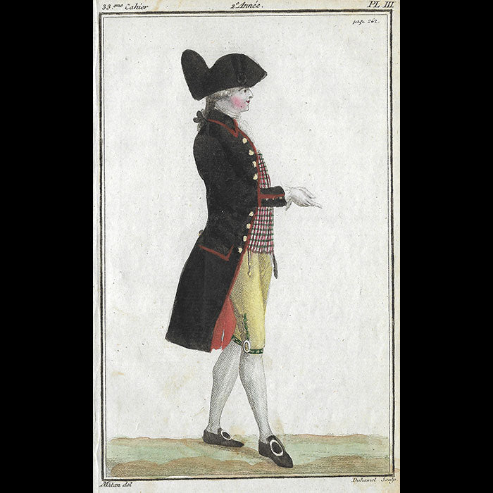 Magasin des Modes Nouvelles Françaises et Anglaises, 33ème cahier, planche III - Jeune homme en frac de drap noir, gilet rayé (1787)