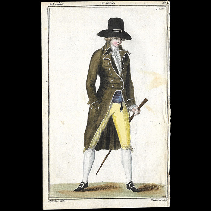 Magasin des Modes Nouvelles Françaises et Anglaises, 20ème cahier, planche 1 - Jeune anglais en habit à revers (1787)