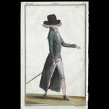 Magasin des Modes Nouvelles Françaises et Anglaises, 35ème cahier, planche I - Jeune homme en habit redingote vert noir (1787)