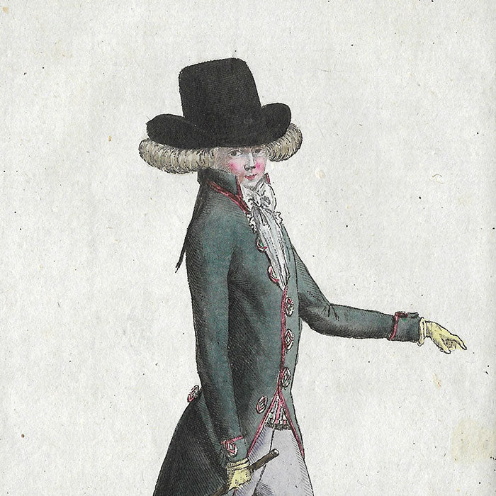 Magasin des Modes Nouvelles Françaises et Anglaises, 35ème cahier, planche I - Jeune homme en habit redingote vert noir (1787)