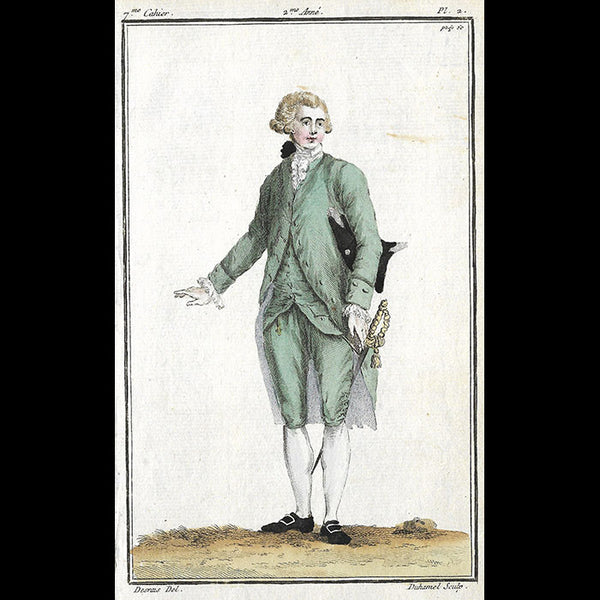 Magasin des Modes Nouvelles Françaises et Anglaises, 7ème cahier, planche 1 - Homme en habit de satin gros vert (1787)