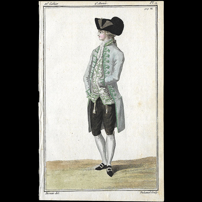 Magasin des Modes Nouvelles Françaises et Anglaises, 11ème cahier, planche 2 - Homme en habit de drap gris ardoise (1787)