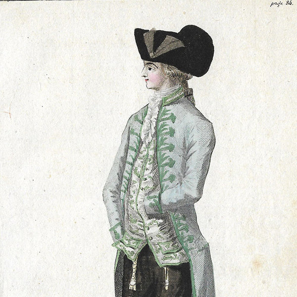 Magasin des Modes Nouvelles Françaises et Anglaises, 11ème cahier, planche 2 - Homme en habit de drap gris ardoise (1787)