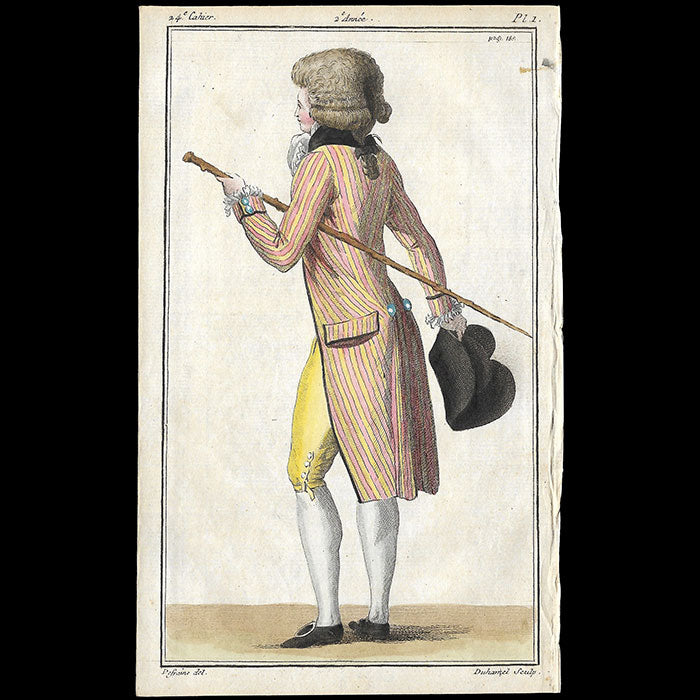 Magasin des Modes Nouvelles Françaises et Anglaises, 24ème cahier, planche 1 - Jeune homme en gilet rayé (1787)