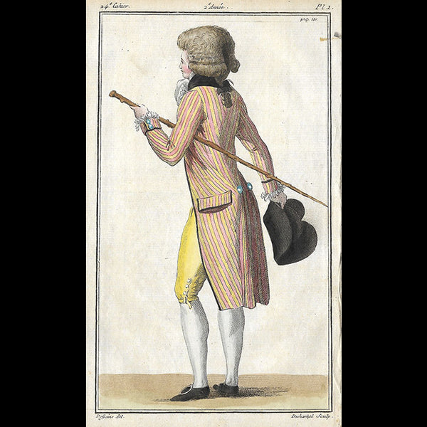Magasin des Modes Nouvelles Françaises et Anglaises, 24ème cahier, planche 1 - Jeune homme en gilet rayé (1787)