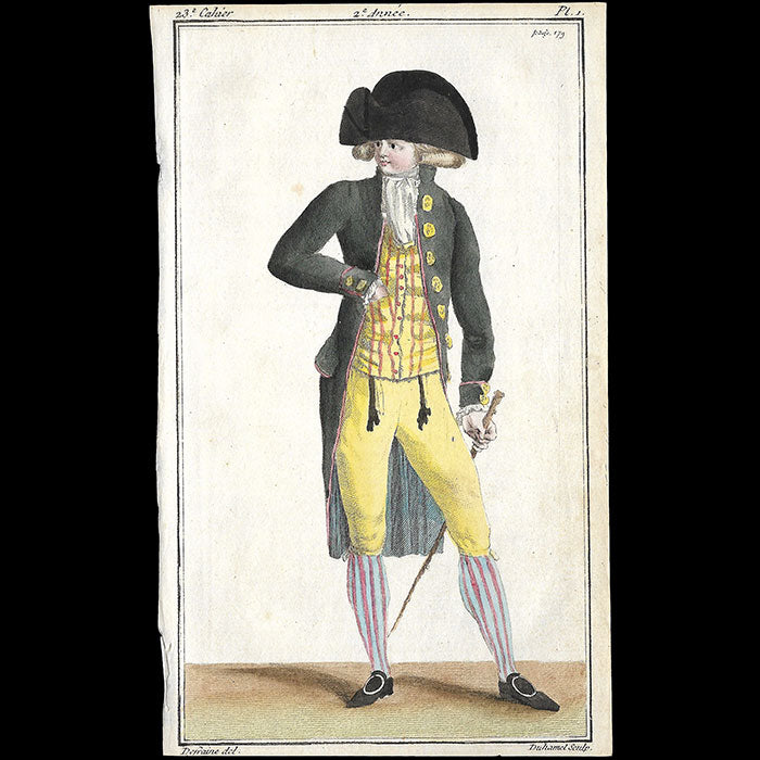 Magasin des Modes Nouvelles Françaises et Anglaises, 23ème cahier, planche 1 - Jeune homme en habit de drap vert noir (1787)