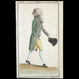 Magasin des Modes Nouvelles Françaises et Anglaises, 32ème cahier, planche 1 - Jeune homme en habit à larges raies (1787)