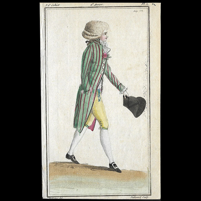 Magasin des Modes Nouvelles Françaises et Anglaises, 32ème cahier, planche 1 - Jeune homme en habit à larges raies (1787)