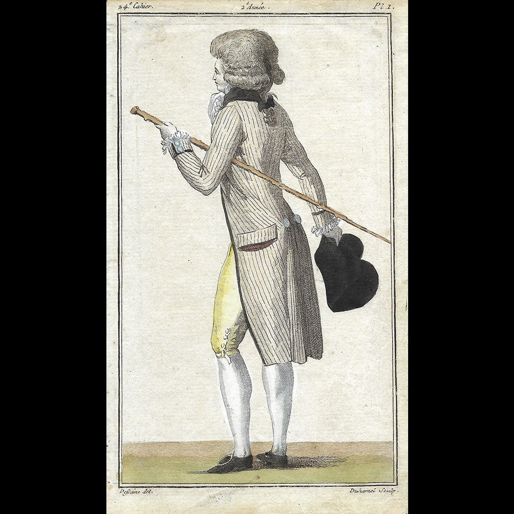 Magasin des Modes Nouvelles Françaises et Anglaises, 24ème cahier, planche 1 - Jeune homme en gilet rayé (1787)