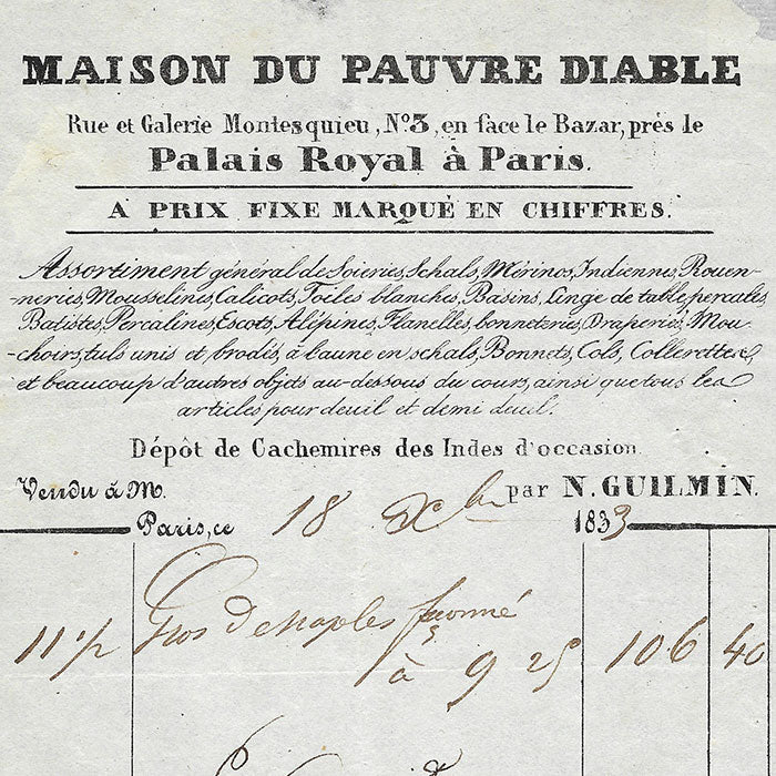 Maison du Pauvre diable - Facture du magasin d'étoffes, Rue et Galerie Montesquieu à Paris (1833)