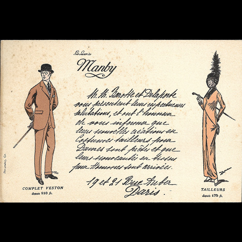 Manby - Carte illustrée du tailleur, 19 et 21 rue Auber à Paris (circa 1910s-1915)