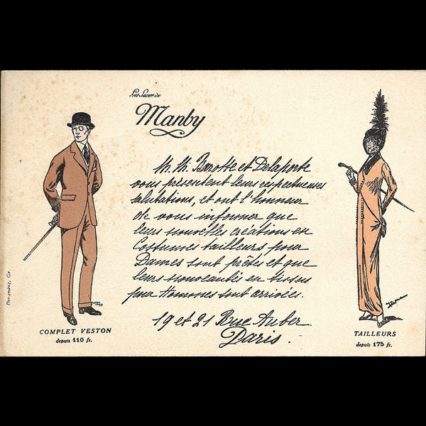 Manby - Carte illustrée du tailleur, 19 et 21 rue Auber à Paris (circa 1910s-1915)