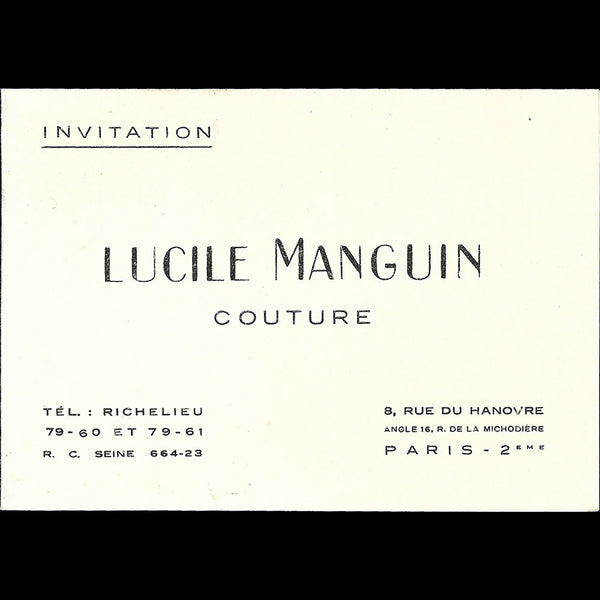 Lucile Manguin - Carton d'invitation de la maison de couture, 6 rue du Hanovre à Paris (1930s)