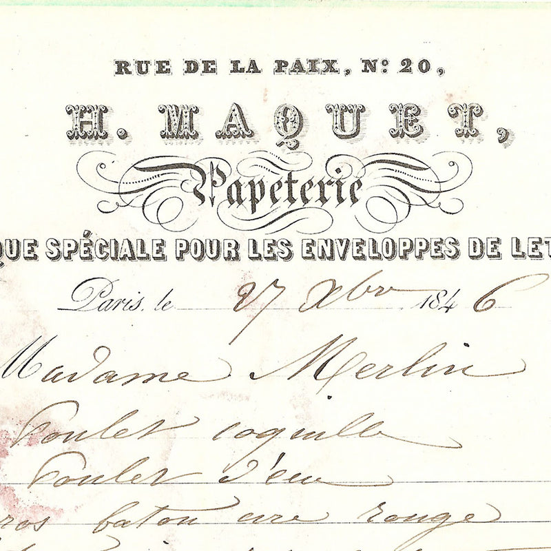 Facture de la Maison H. Maquet, graveur, 20 rue de la Paix à Paris (1846)