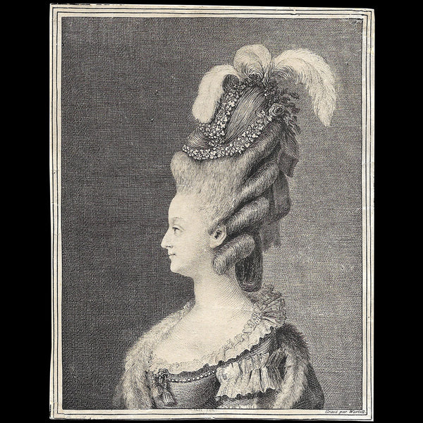 Wartell - Antoinette d'Autriche, gravure de la reine Marie-Antoinette coiffée à 4 boucles (1777)