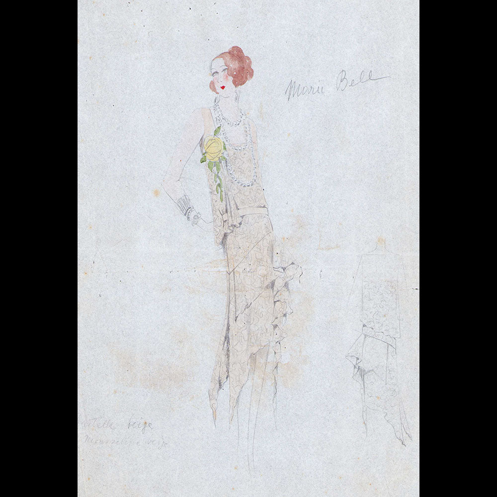 Fashion drawing of evening dress from a Paris Couture House (c. 1925-1930)