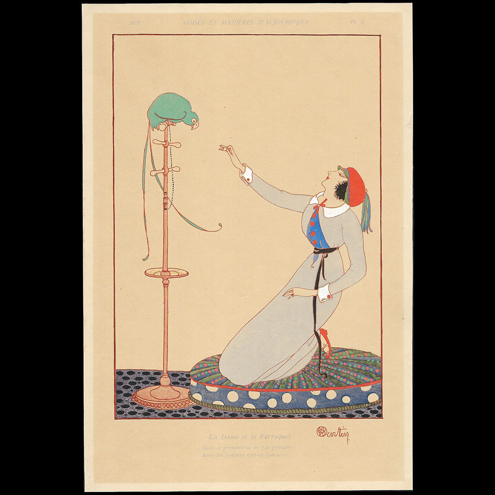 Modes et Manières d'aujourd'hui, par Charles Martin - Planche I - La Dame et le Perroquet (1913)