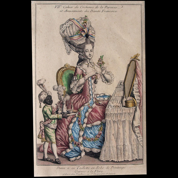 Mondhare - Collection de la Parure des Dames - Dame a sa Toillette en Robe de Printemps Garnie a la Flore (circa 1782)