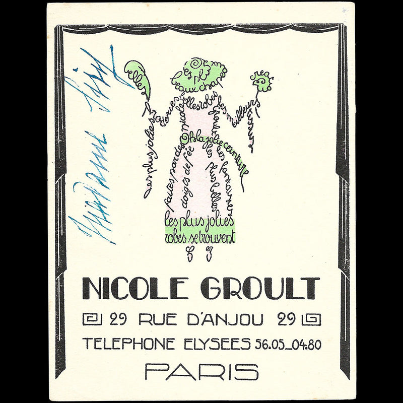 Nicole Groult - Carte illustrée, 29 rue d'Anjou, Paris (1924)
