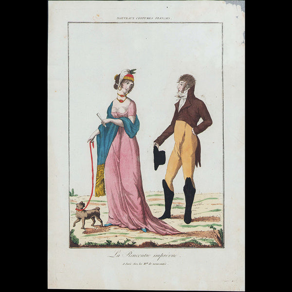 Nouveaux Costumes Français - La Rencontre Imprévue, planche publiée par Les Marchands de Nouveautés (circa 1795)