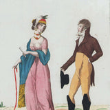 Nouveaux Costumes Français - La Rencontre Imprévue, planche publiée par Les Marchands de Nouveautés (circa 1795)