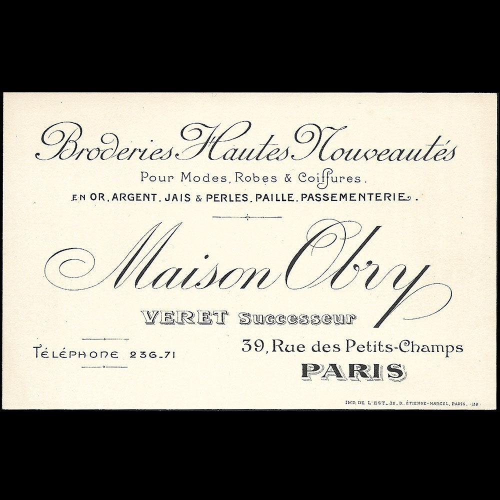 Obry - Carte de la maison de broderies hautes nouveautés, 39 rue des Petits Champs à Paris (circa 1910s)