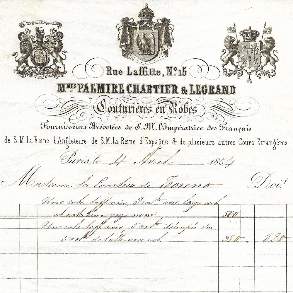 Facture de Mmes Palmire, Chartier et Legrand, couturières en robes, 11 rue Lafitte à Paris (1854)