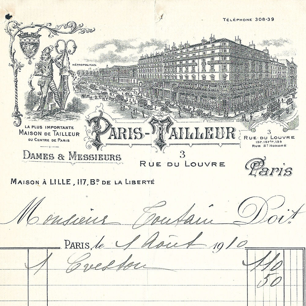 Paris Tailleur - Facture du tailleur pour dames et messieurs, 137-139 rue Saint-Honoré à Paris (1910)