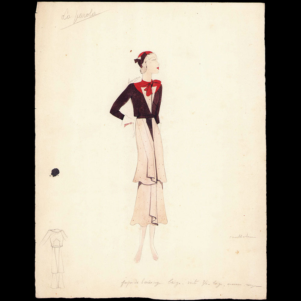 Fashion drawing of evening dress from a Paris Couture House (c. 1925-1930)