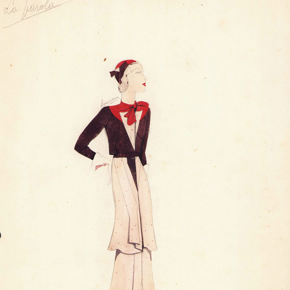 Fashion drawing of evening dress from a Paris Couture House (c. 1925-1930)