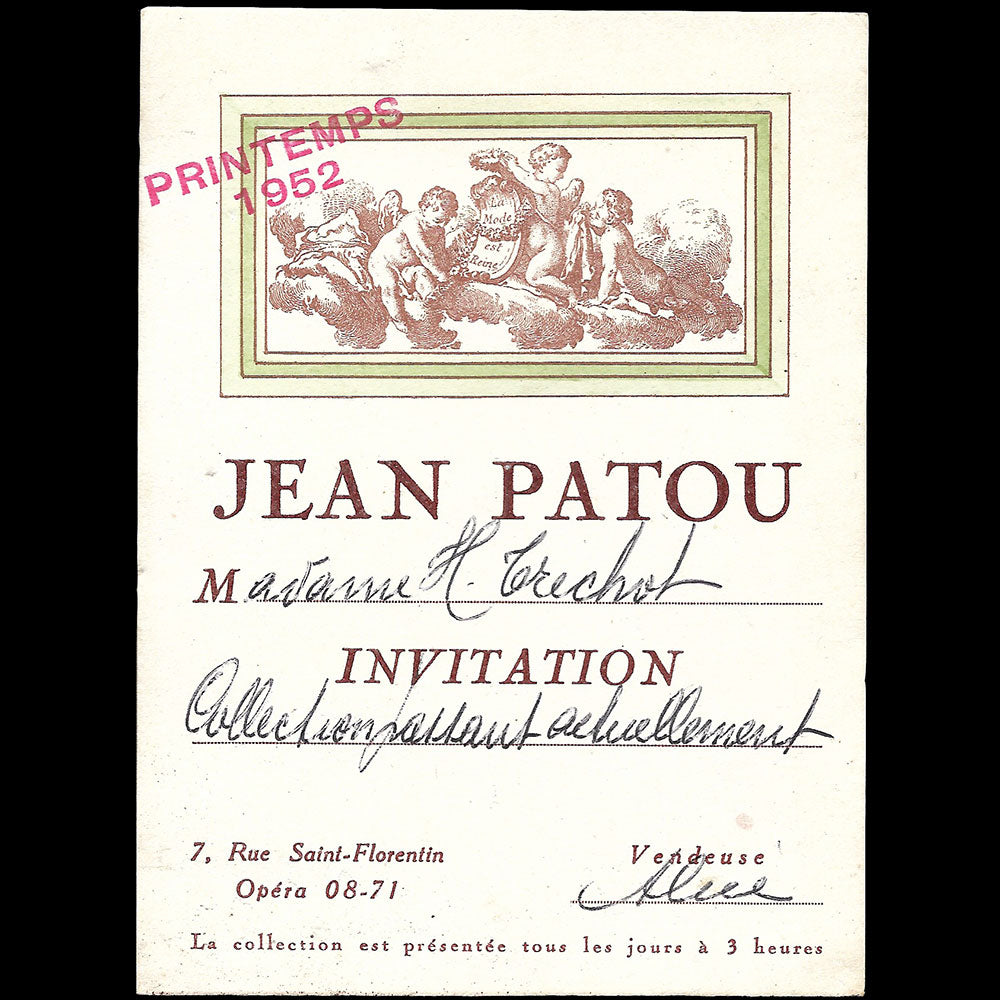 Patou - Carton d'invitation pour la collection Printemps-Eté 1952