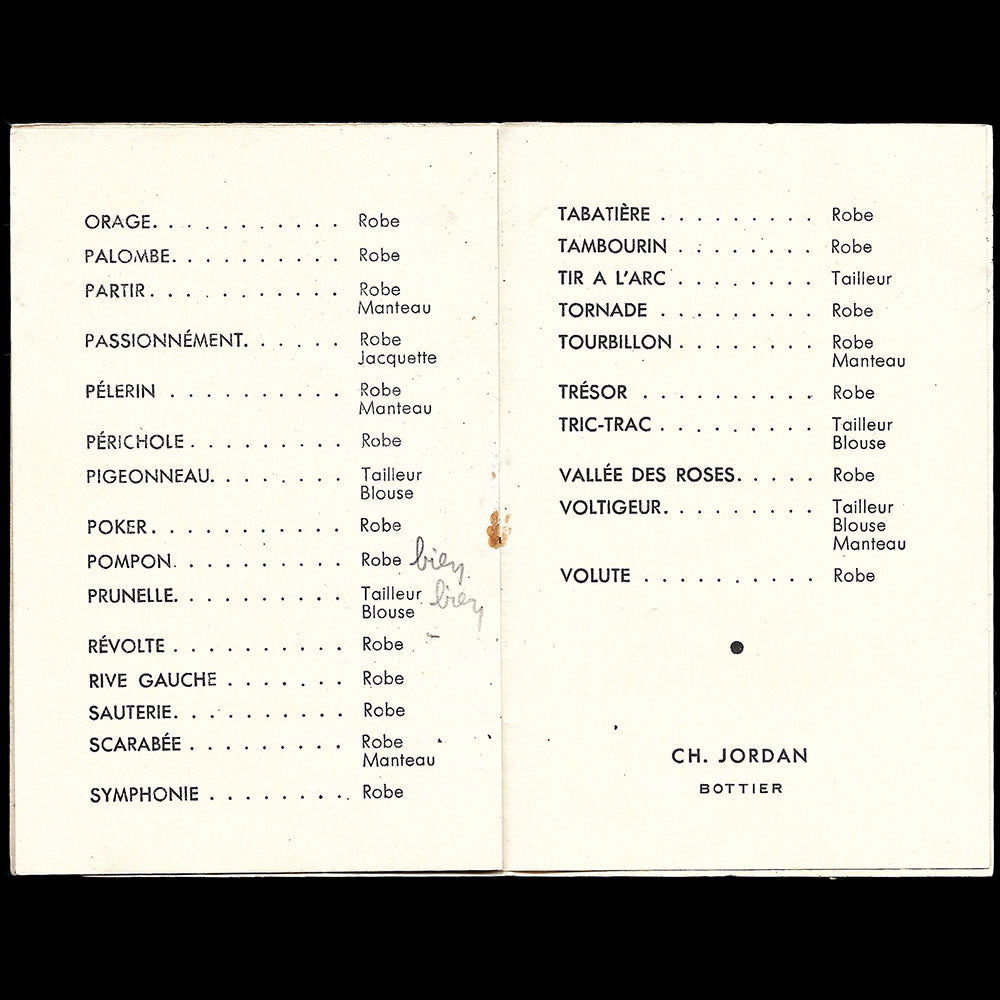Patou - Programme de défilé de la collection Automne-Hiver 1951