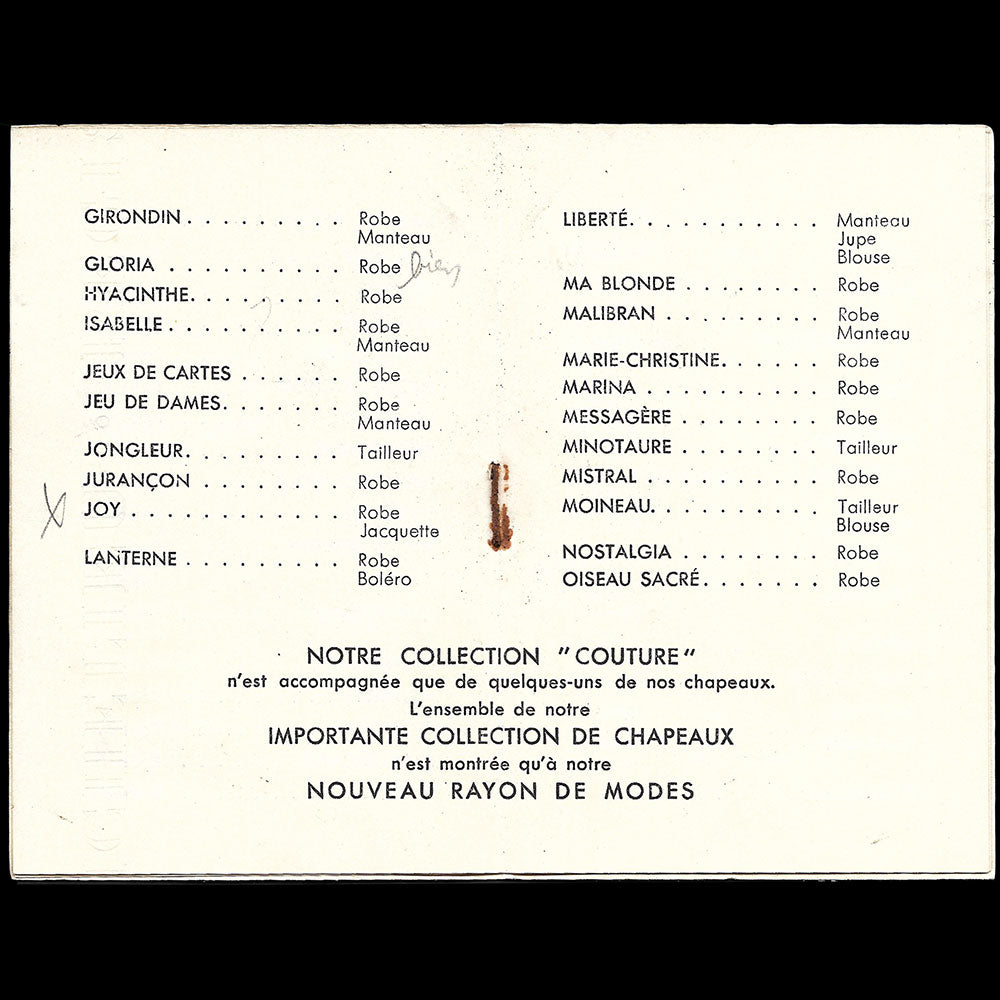 Patou - Programme de défilé de la collection Automne-Hiver 1951