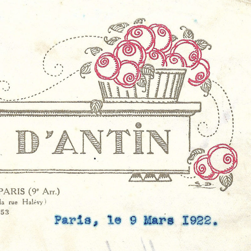 Pavillon d'Antin - Facture de la maison de parfums, 25 boulevard Haussmann à Paris (1922)