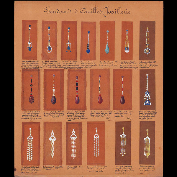 Pendants d'oreilles - Réunion de 19 dessins gouachés d'un joaillier (circa 1925-1930)