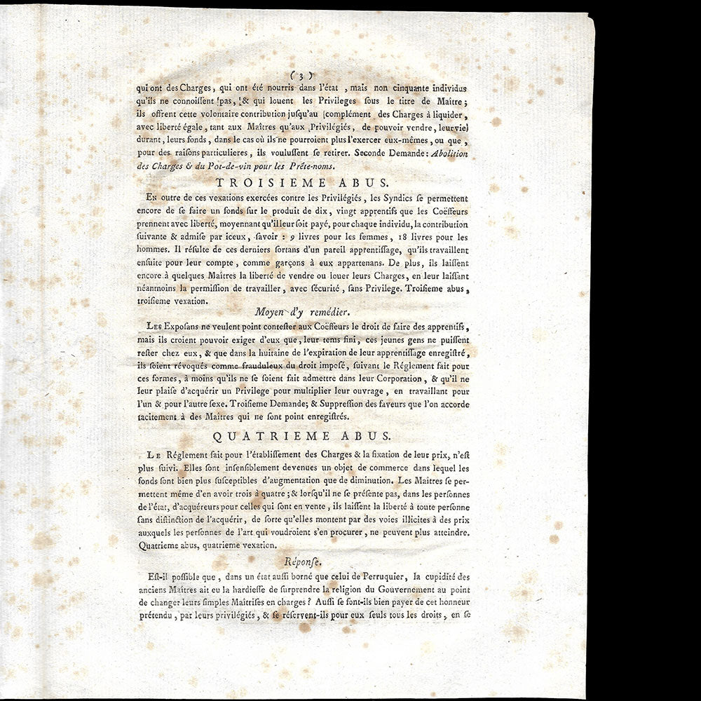 Perruque - Mémoire pour MM. les privilégiés de la communauté des maîtres perruquiers (circa 1790)