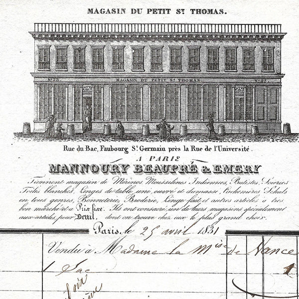 Mannoury, Beaupré et Emery - Facture du magasin du Petit Saint-Thomas, rue du Bac à Paris (1831)